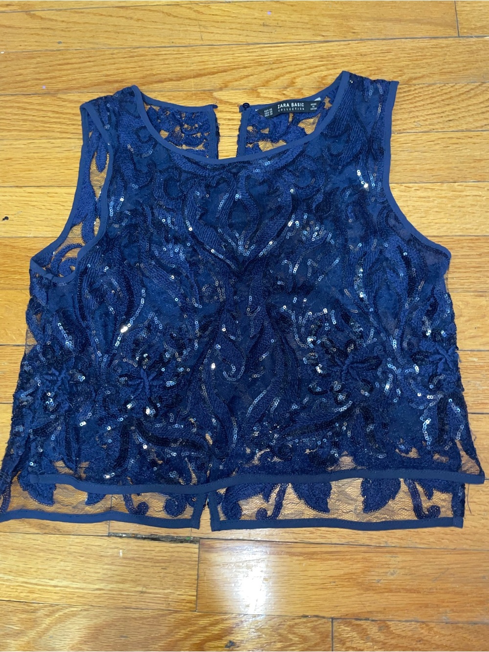 Zara Tops/ Zara basics NWOT Navy blue Sequin Lace Semi Sheer Crop Top
